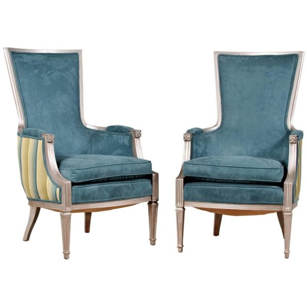 Pair of Neoclassic Chairs in Aqua and Silvered Wood