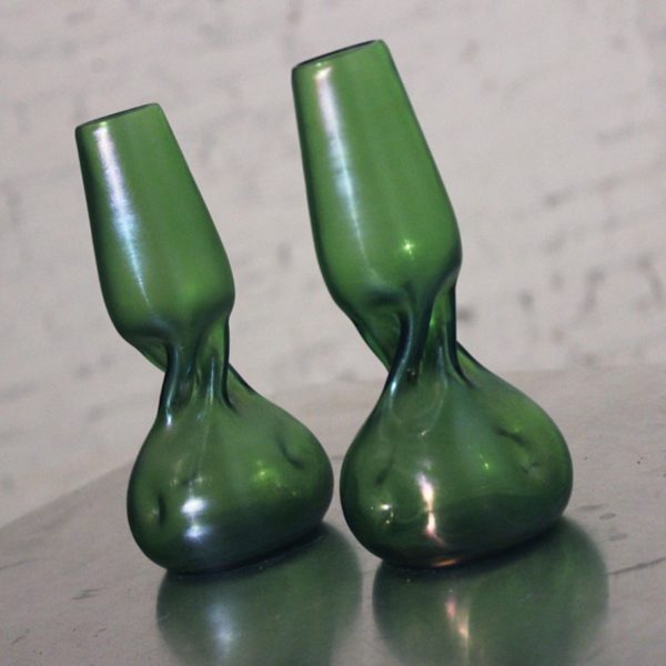 Pair of Green Bohemian Glass Vases in Style of Loetz