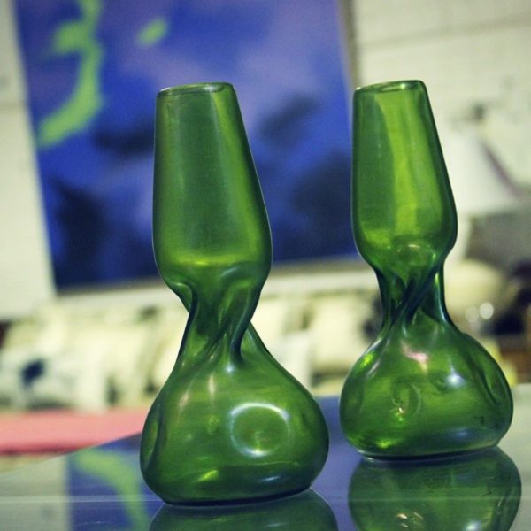 Pair of Green Bohemian Glass Vases in Style of Loetz