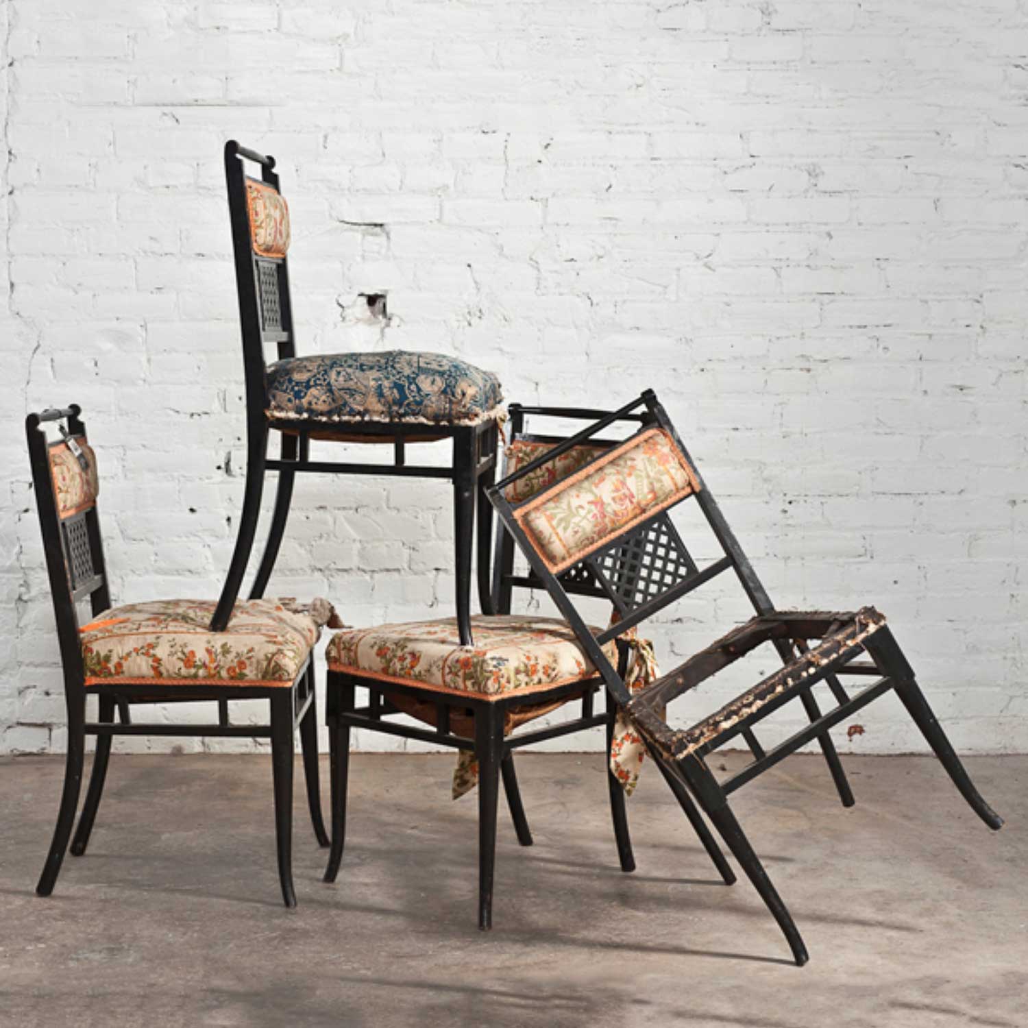 Antique Regency Chinoiserie Distressed Black Chairs Set of 4