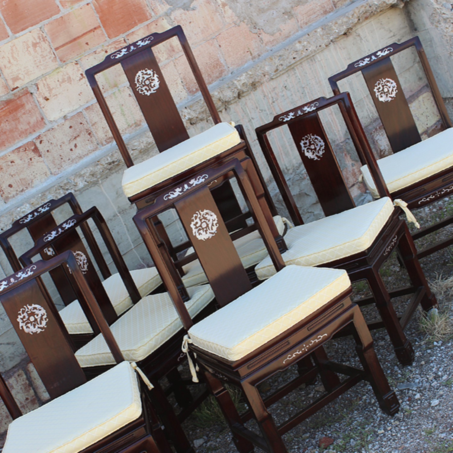 Vintage Chinese Rosewood and Mother of Pearl Dining Chairs, Set of 8