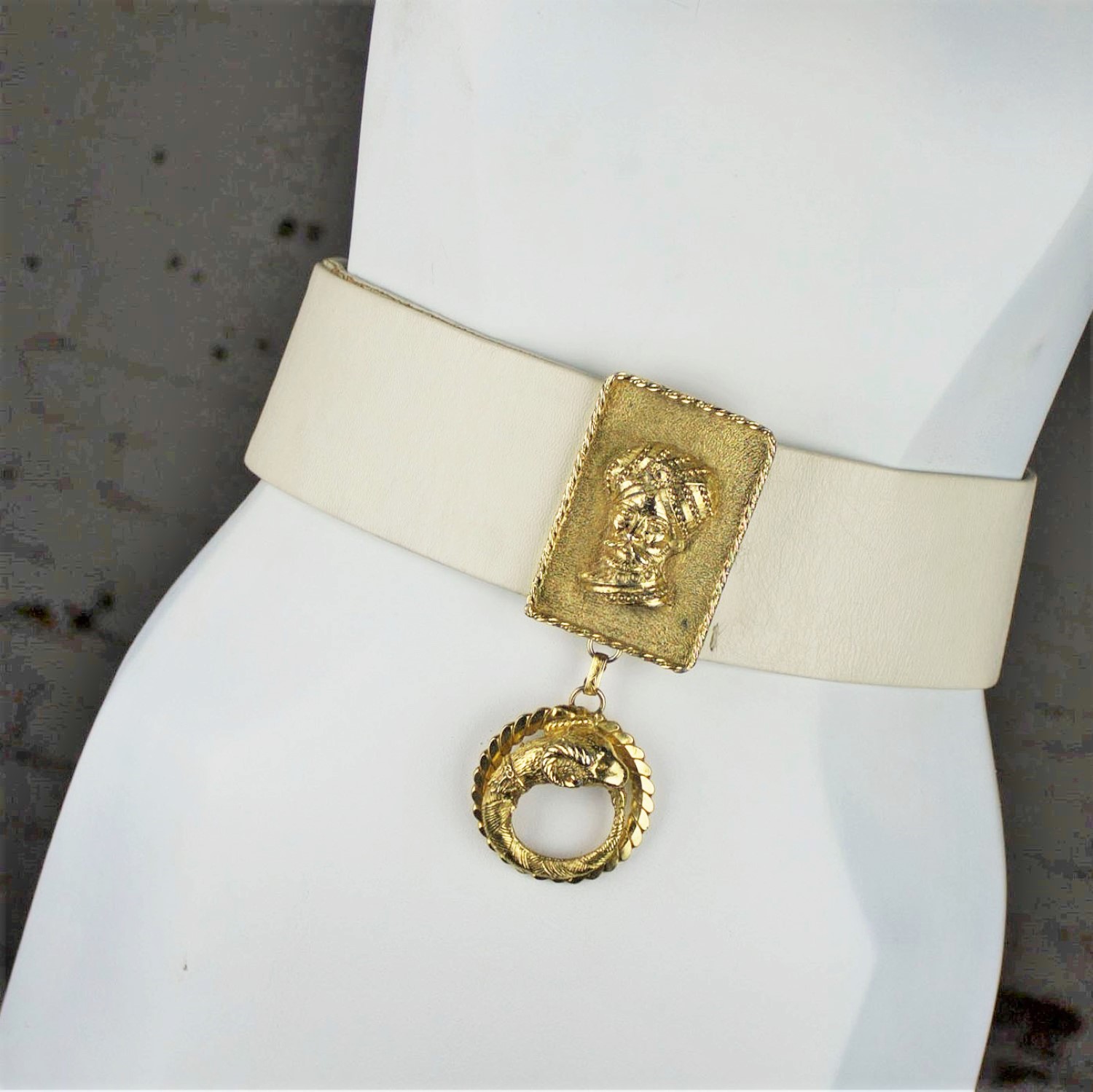 Vintage Christian Dior Leather Belt w/Gold-Tone Sultan in Turban & Rams Head Dangle Buckle