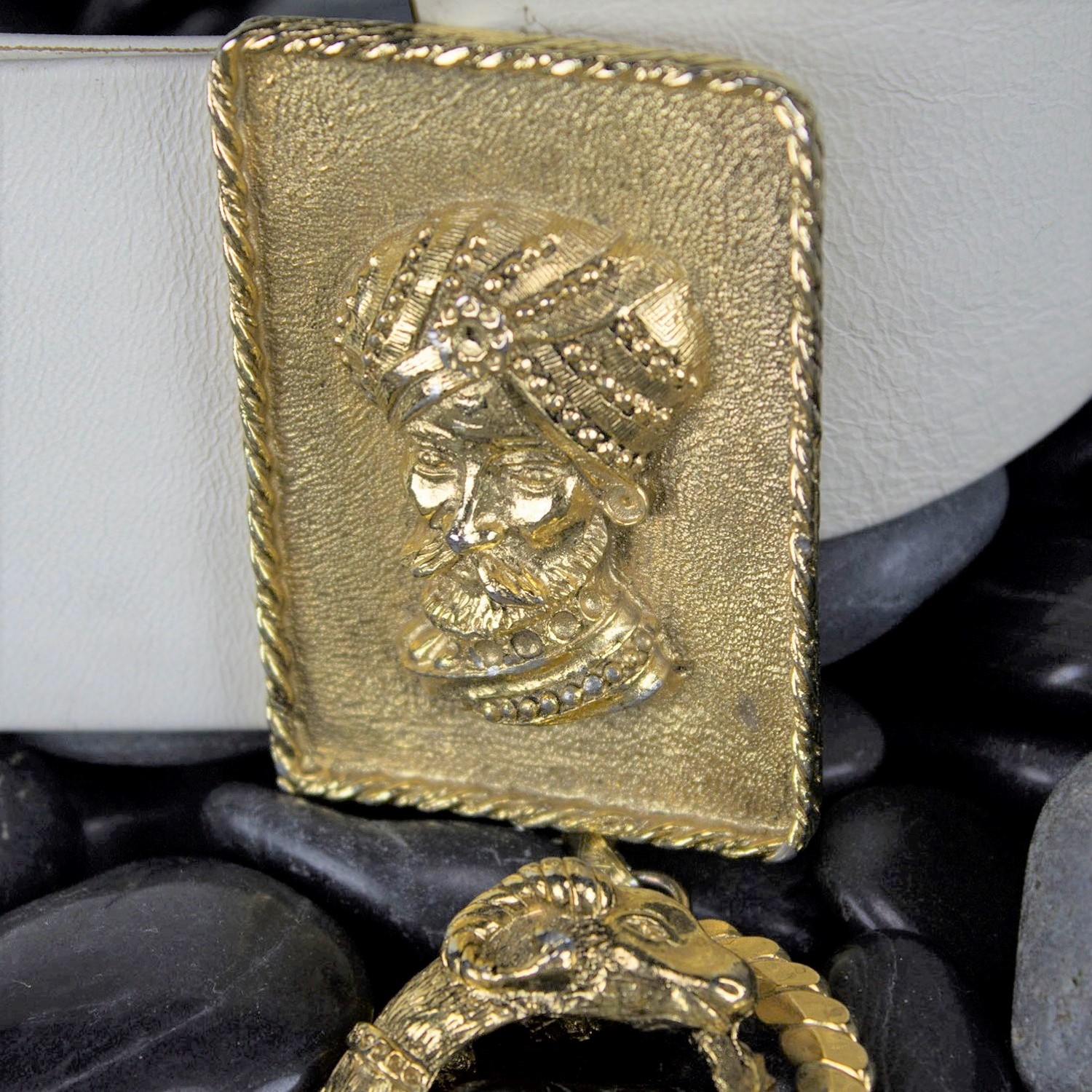 Vintage Christian Dior Leather Belt w/Gold-Tone Sultan in Turban & Rams Head Dangle Buckle