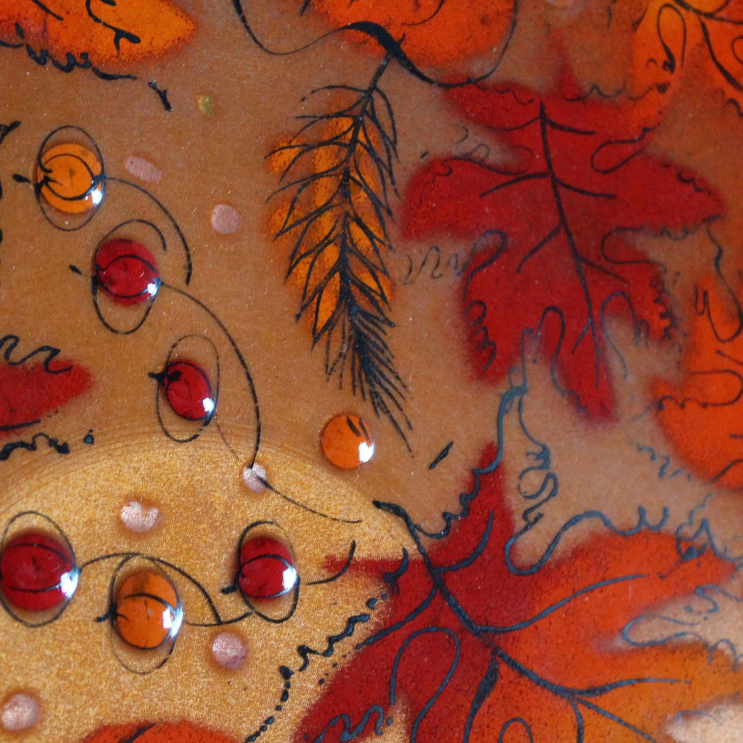 Mid Century Vintage Sascha Brastoff Brilliant Orange Enamel Charger with Autumn Leaves Design