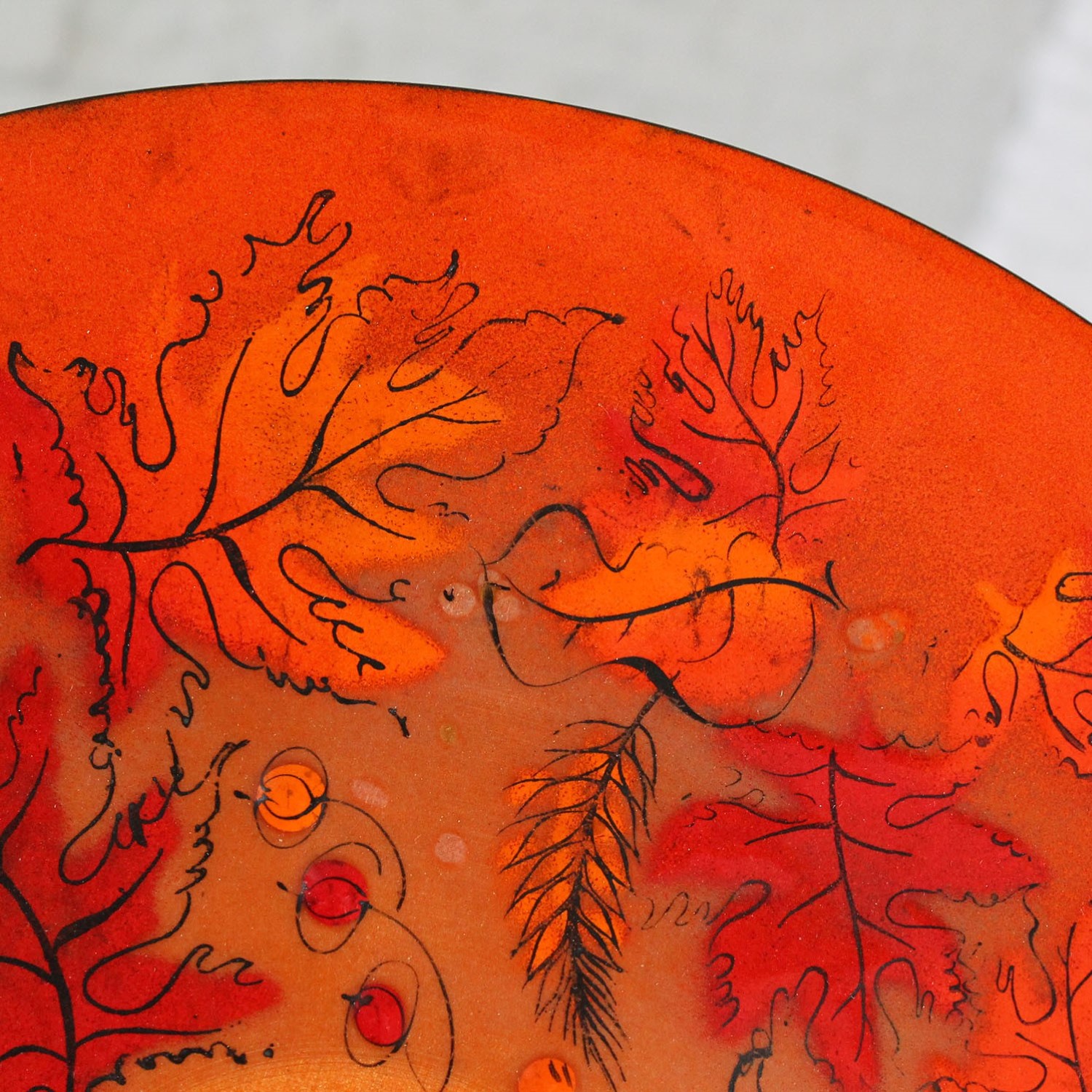 Mid Century Vintage Sascha Brastoff Brilliant Orange Enamel Charger with Autumn Leaves Design