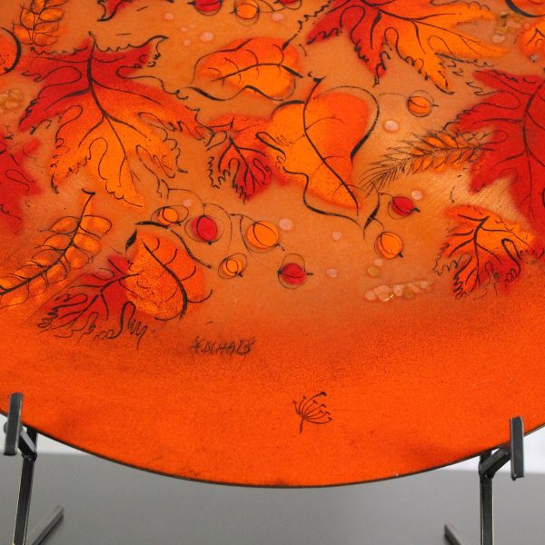 Mid Century Vintage Sascha Brastoff Brilliant Orange Enamel Charger with Autumn Leaves Design