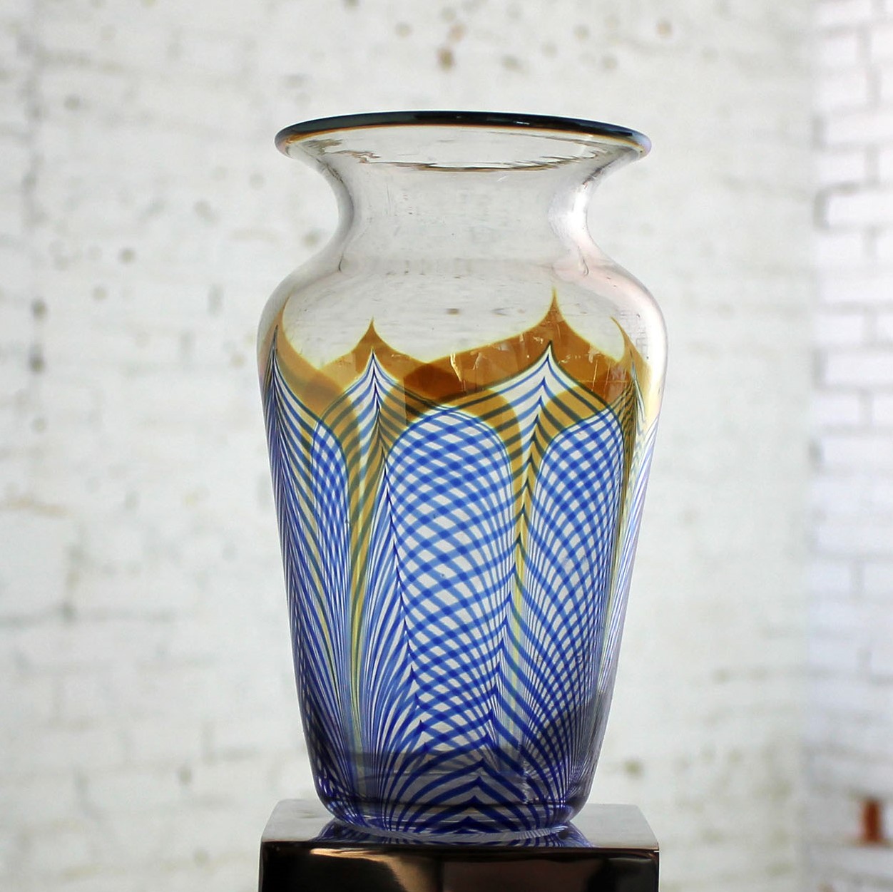 Vintage Correia Art Glass Pulled Feather Vase Cobalt Clear Metallic 1980