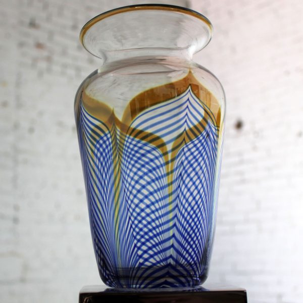 Vintage Correia Art Glass Pulled Feather Vase Cobalt Clear Metallic 1980