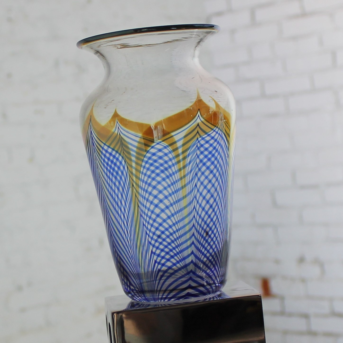 Vintage Correia Art Glass Pulled Feather Vase Cobalt Clear Metallic 1980