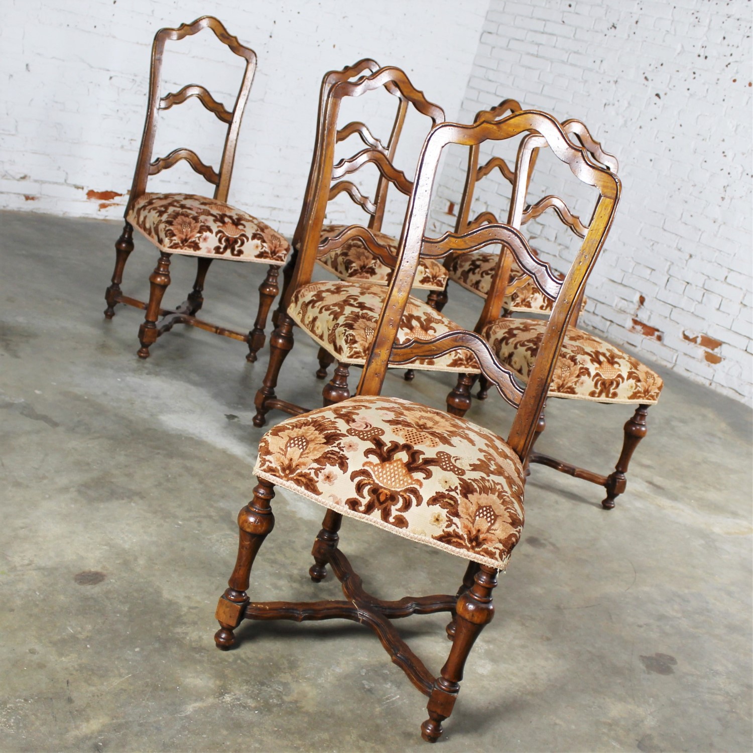 Set of 6 French Louis XIV Style Walnut Ladderback Dining Chairs
