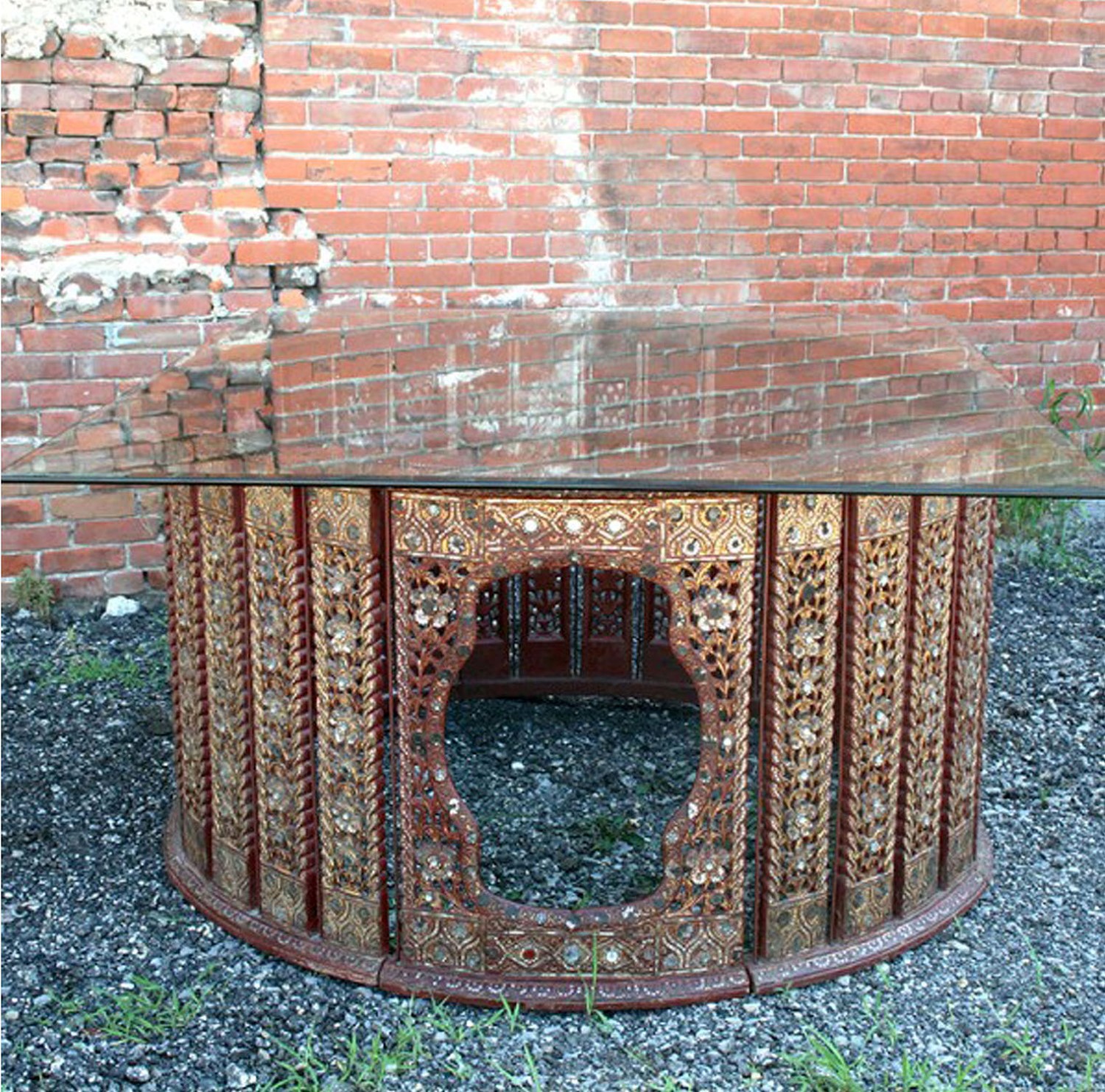 Antique Burmese Orchestra Hsain Wain Drum/Percussion Circle Carved Panel Table with Glass Top
