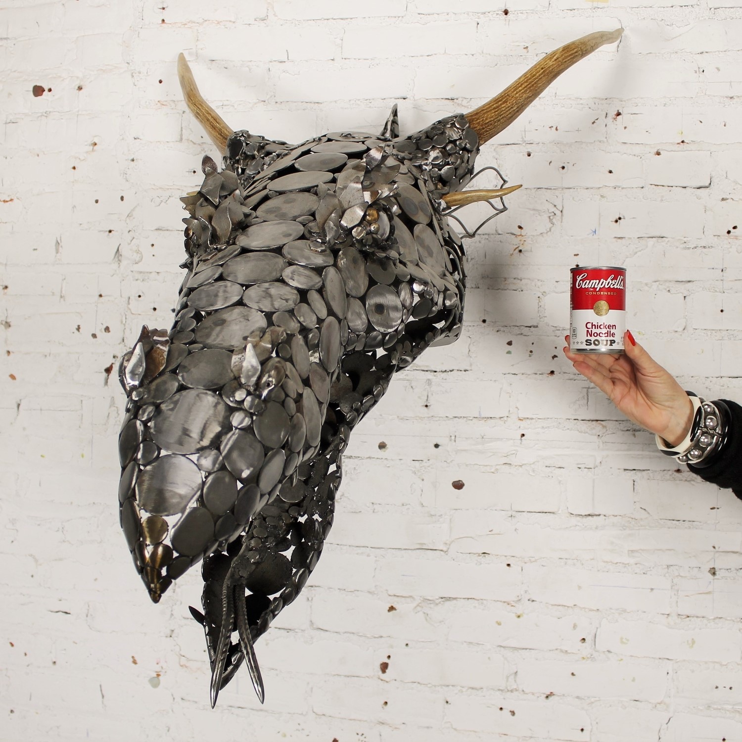 Dragon Head Scrap Metal and Antler 3D Wall Sculpture by Jason Startup