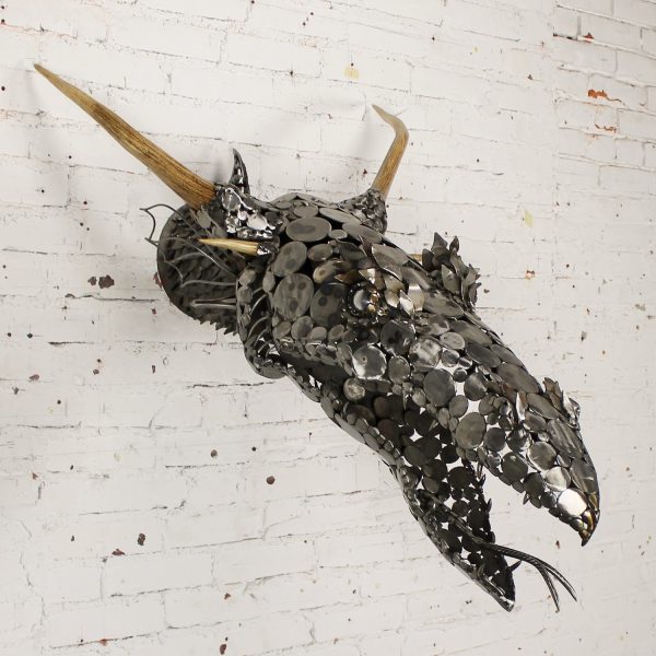 Dragon Head Scrap Metal and Antler 3D Wall Sculpture by Jason Startup