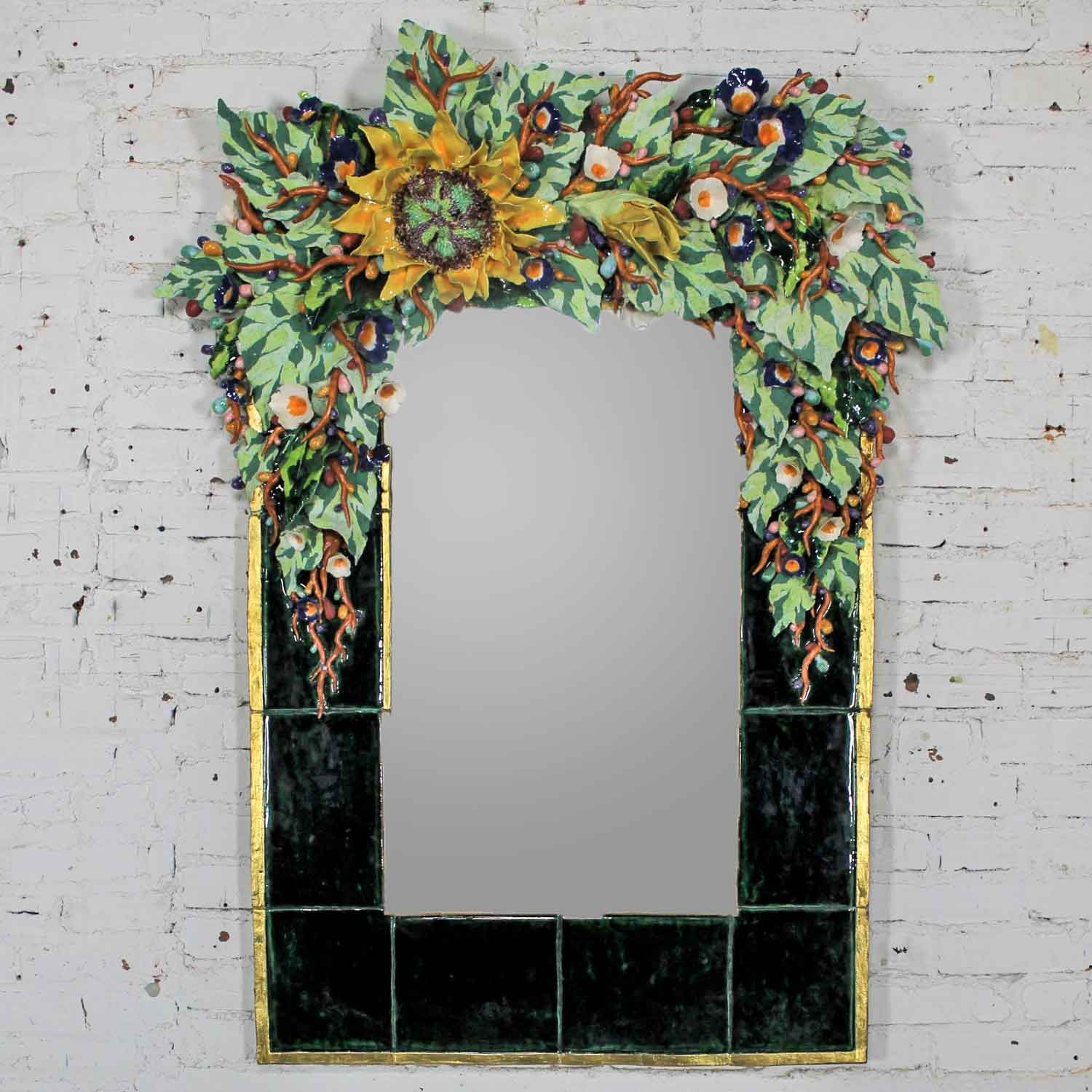 Contemporary Ceramic Floral Large Mirror by George Alexander Mirror: • O/A Height – 55 Inches • O/A Width – 42 Inches • O/A Depth – 7.5 Inches • Mirror Glass Size – 31x17.5 Inches • Mirror Frame Width – 7.5 (sides) & 8.5 (bottom) Inches • Weight – 105 Pounds Crated Size: • Height – 62 Inches • Width – 48 Inches • Depth – 24 Inches • Weight – 365 Pounds