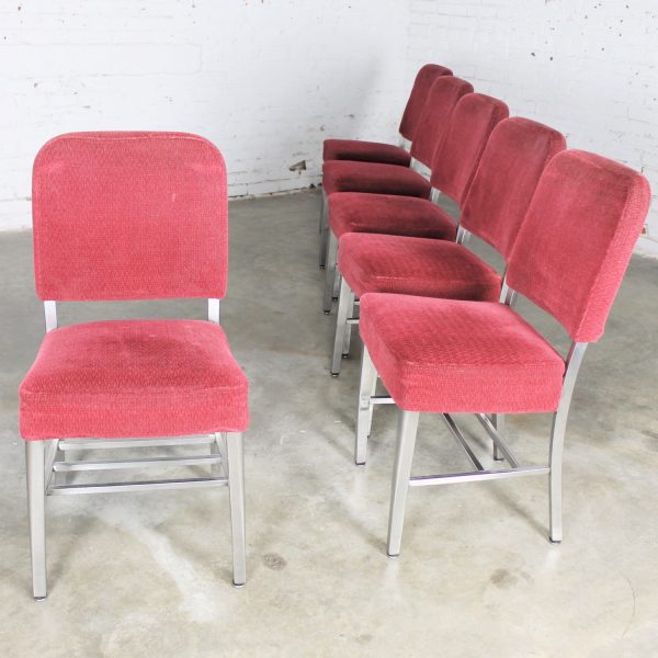 Vintage Art Moderne Streamline Stainless Steel Railroad Dining Chairs with Original Frieze Upholstery by Rota Cline