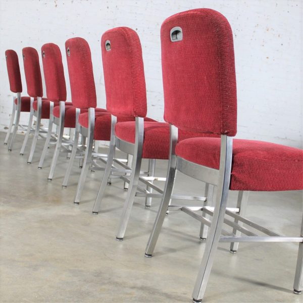 Vintage Art Moderne Streamline Stainless Steel Railroad Dining Chairs with Original Frieze Upholstery by Rota Cline