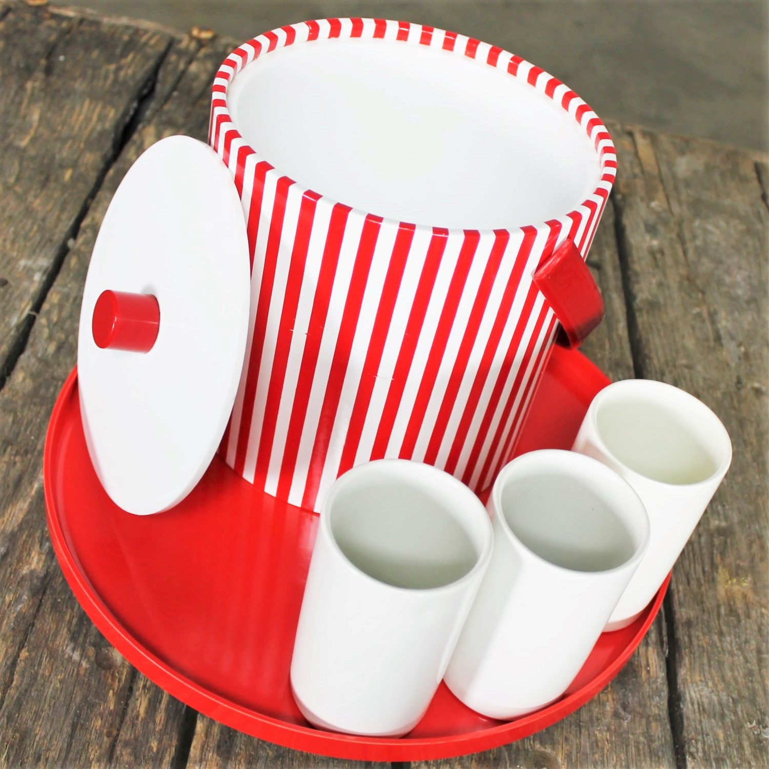 Vintage Mid Century Modern Style Red and White Beverage Set Combo Ice Bucket Tumblers and Tray