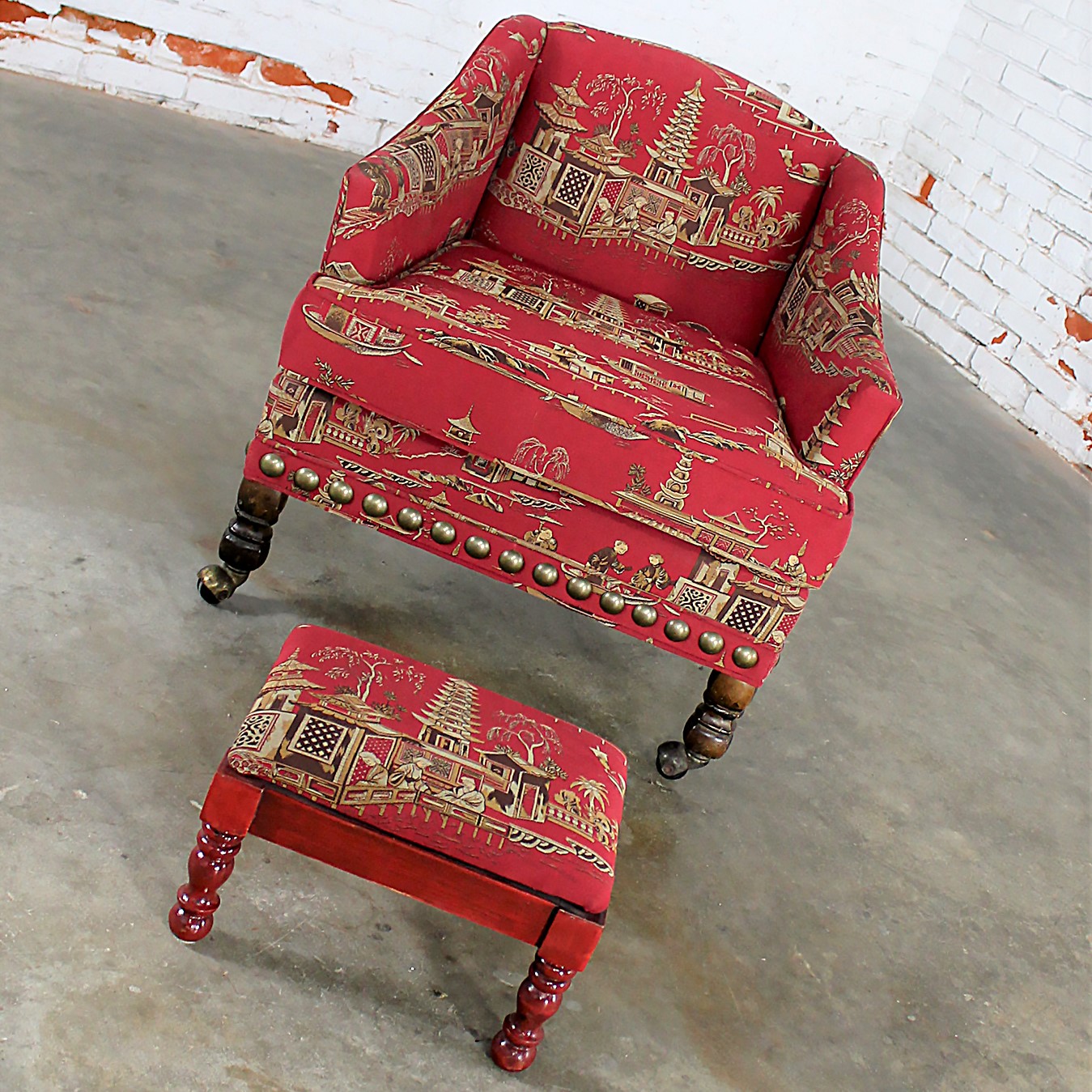 Vintage Petite Red Chinoiserie Armchair and Cricket Footstool