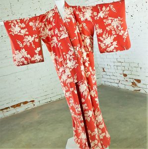 Vintage Japanese Vermillion Red and Cream Floral Full Length Silk Kimono