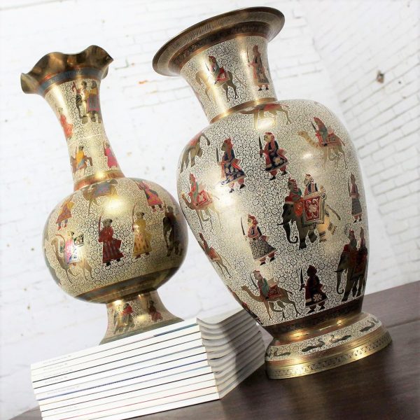 Unmatched Pair Etched and Enameled Cast Brass Vases Kashmiri Indo Persian Monumental Size