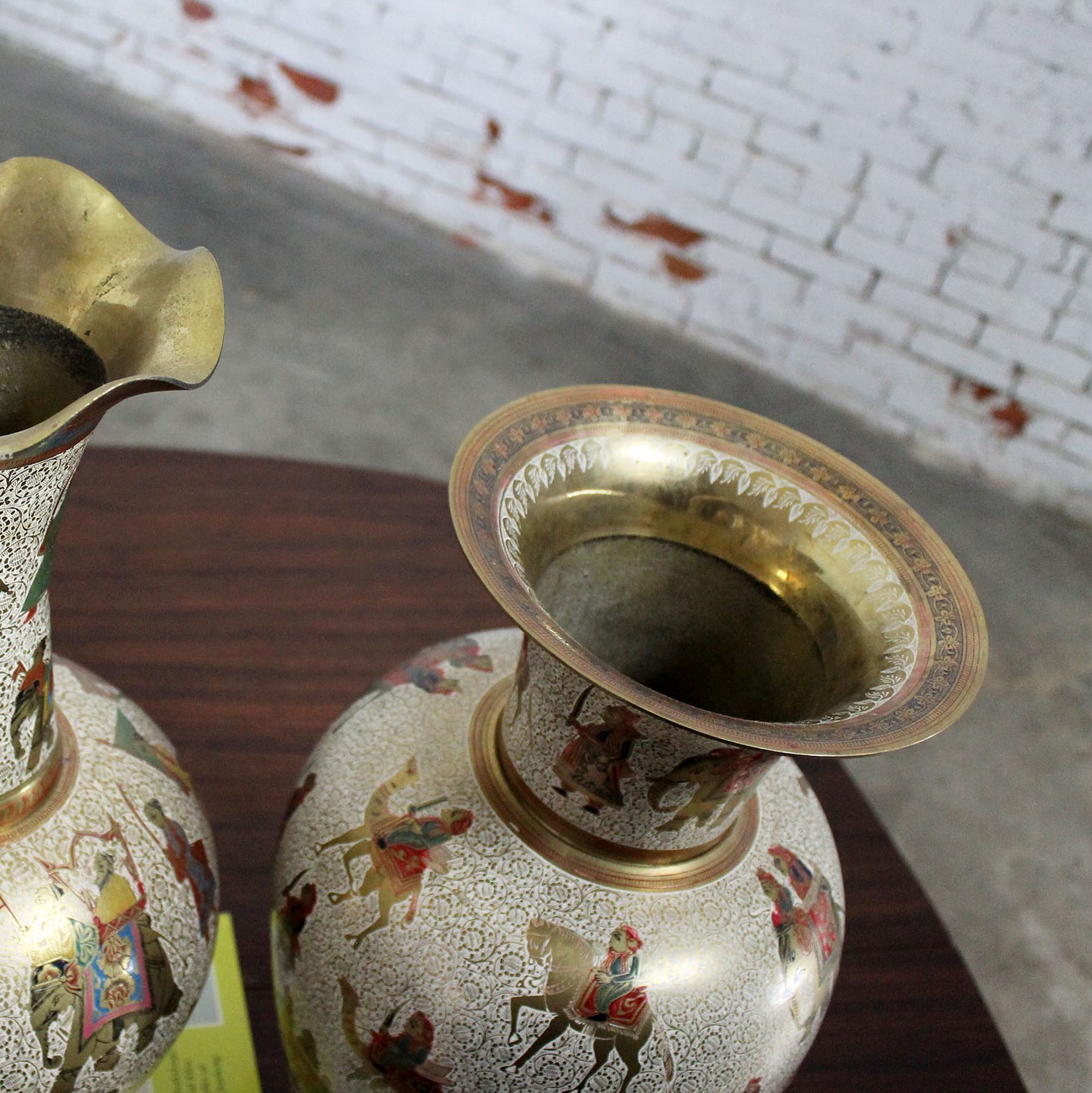 Unmatched Pair Etched and Enameled Cast Brass Vases Kashmiri Indo Persian Monumental Size