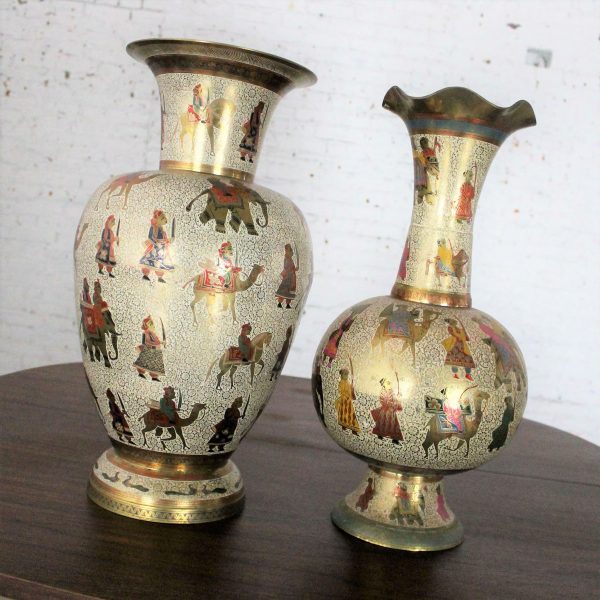 Unmatched Pair Etched and Enameled Cast Brass Vases Kashmiri Indo Persian Monumental Size