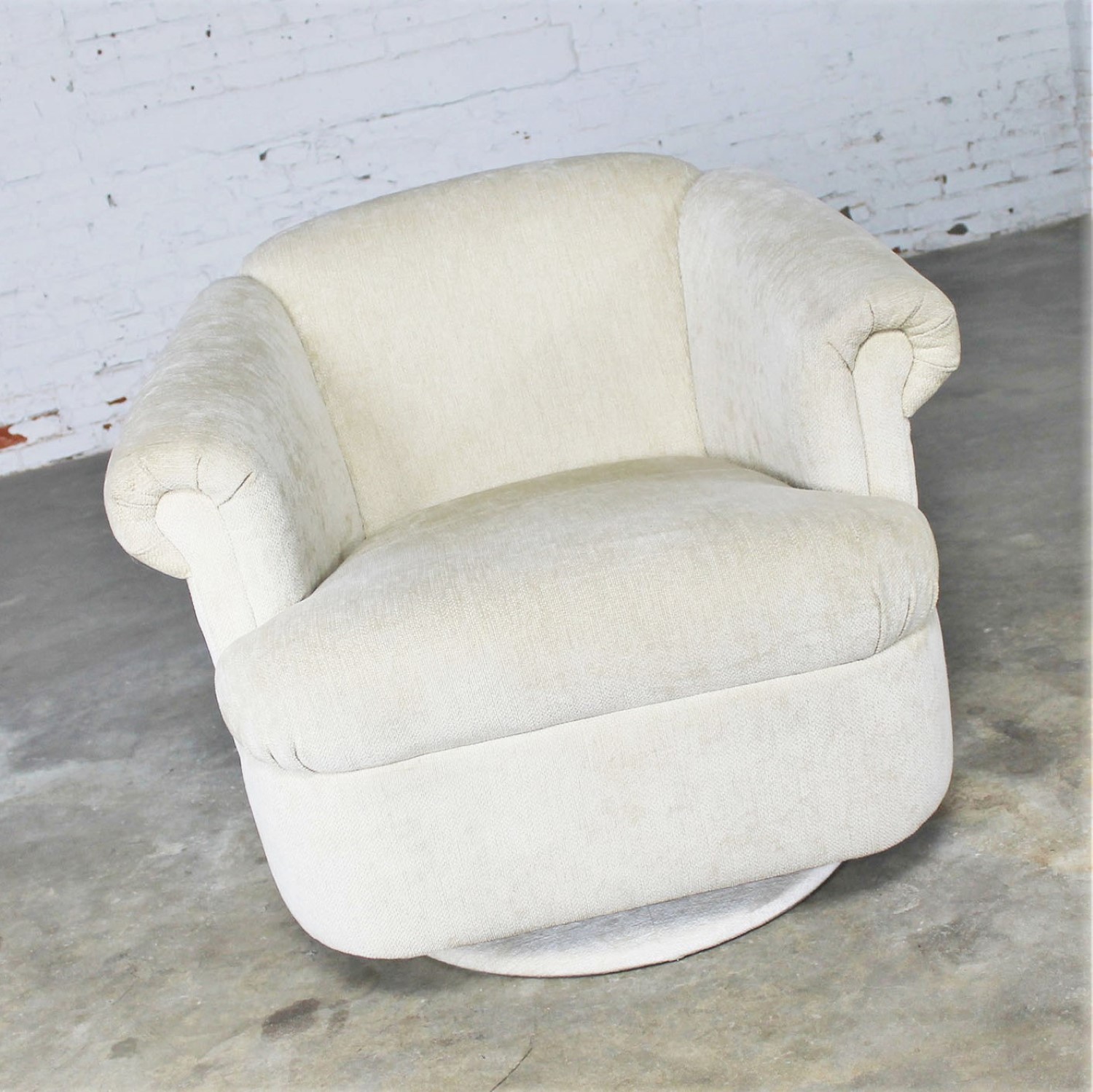 Barrel Shaped Off White Vintage Swivel Club Chair with Rolled Arms