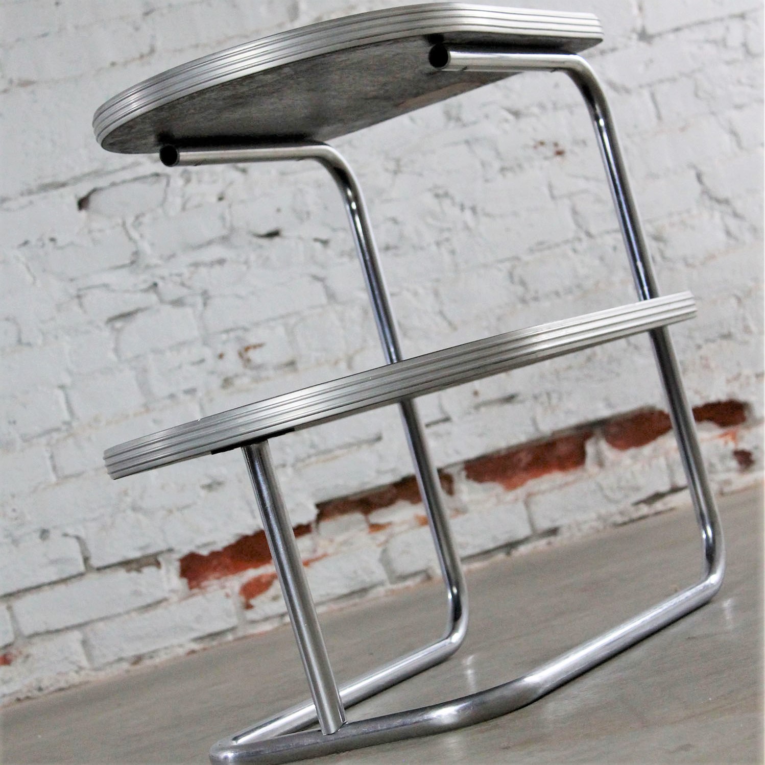 Art Deco Machine Age Streamline Moderne Chrome and Black Two-Tiered End Table by Duro Chrome