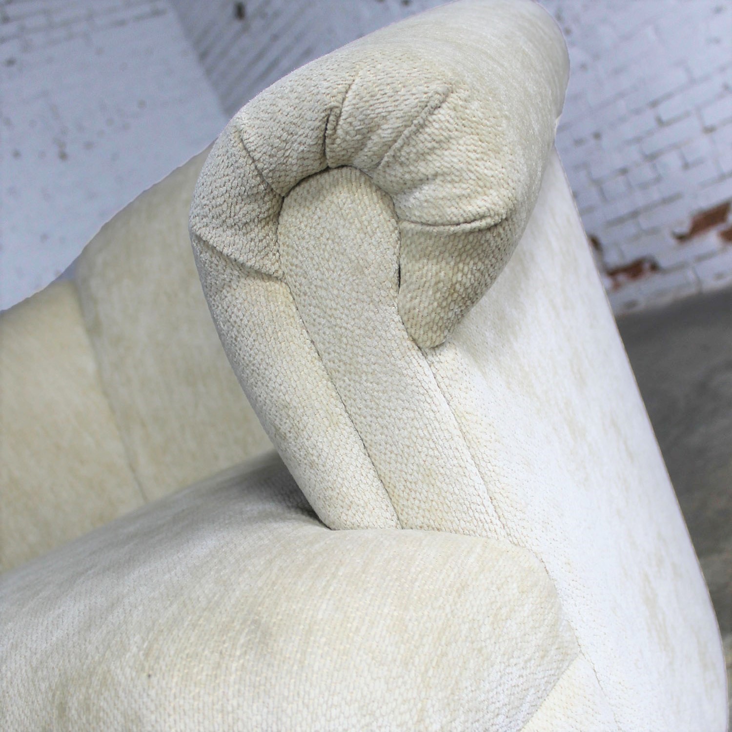 Barrel Shaped Off White Vintage Swivel Club Chair with Rolled Arms