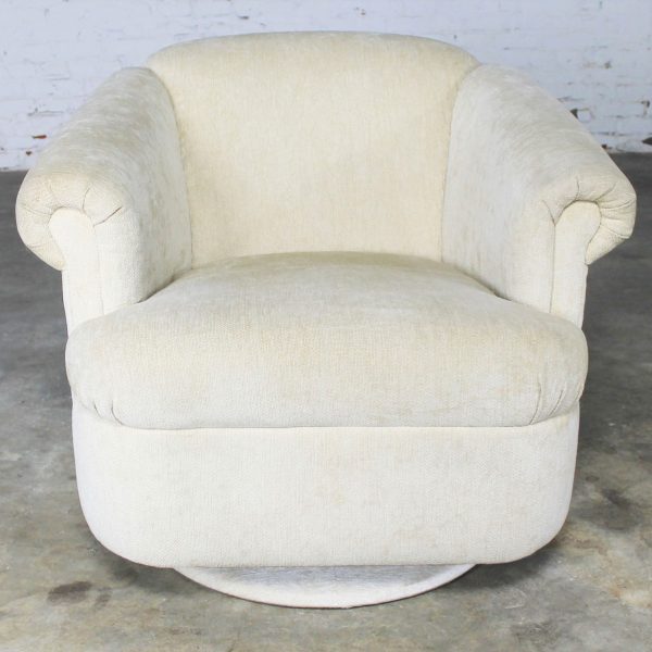 Barrel Shaped Off White Vintage Swivel Club Chair with Rolled Arms