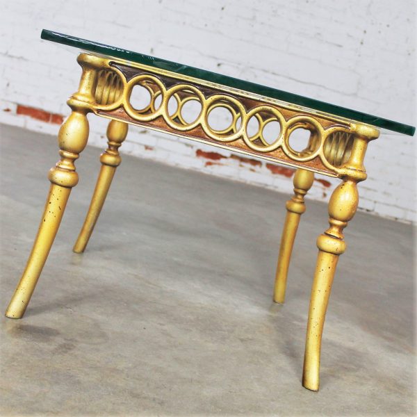 Hollywood Regency Art Deco Style Glass Topped Side Table of Gilded Cast Aluminum