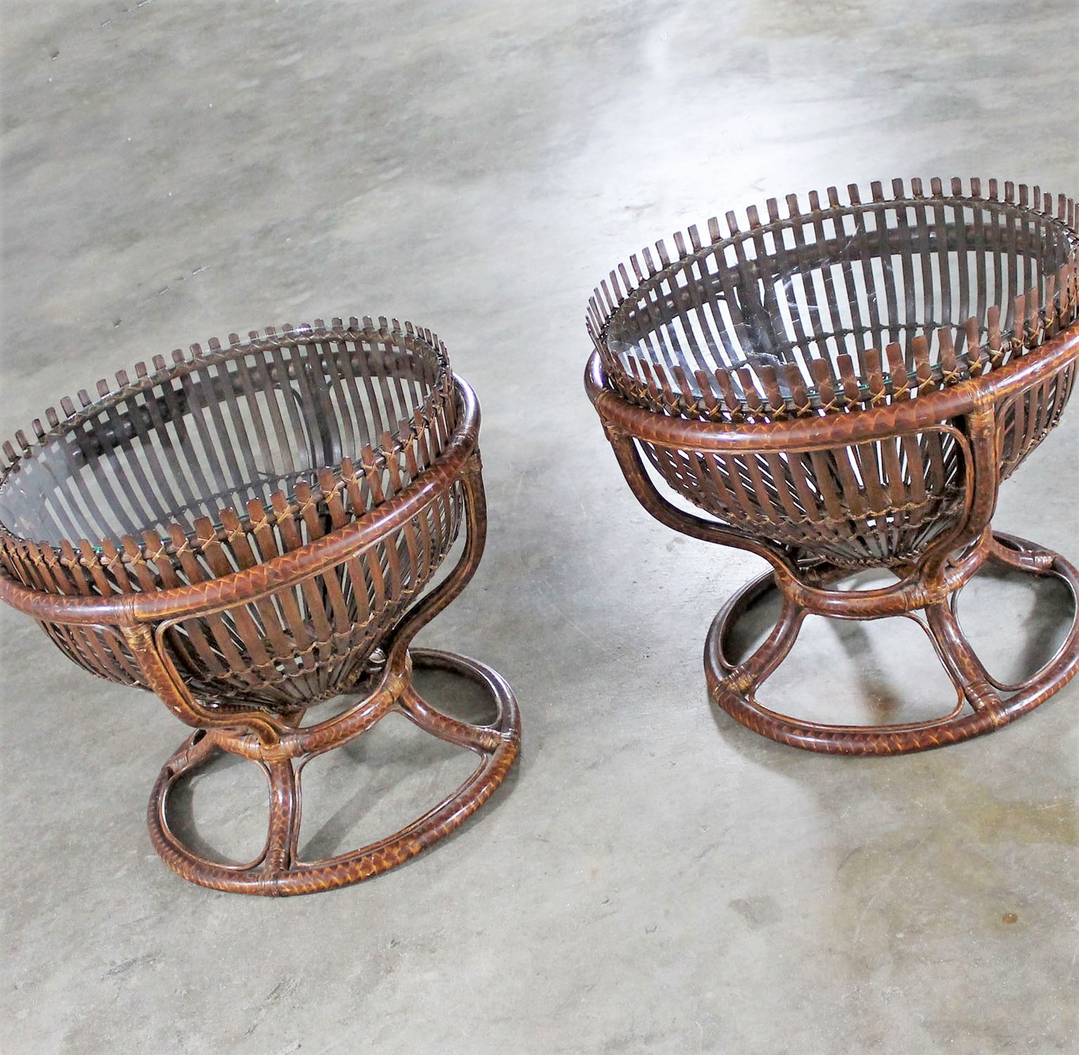 Pair Fish Trap Basket Tables in the Style of Franco Albini