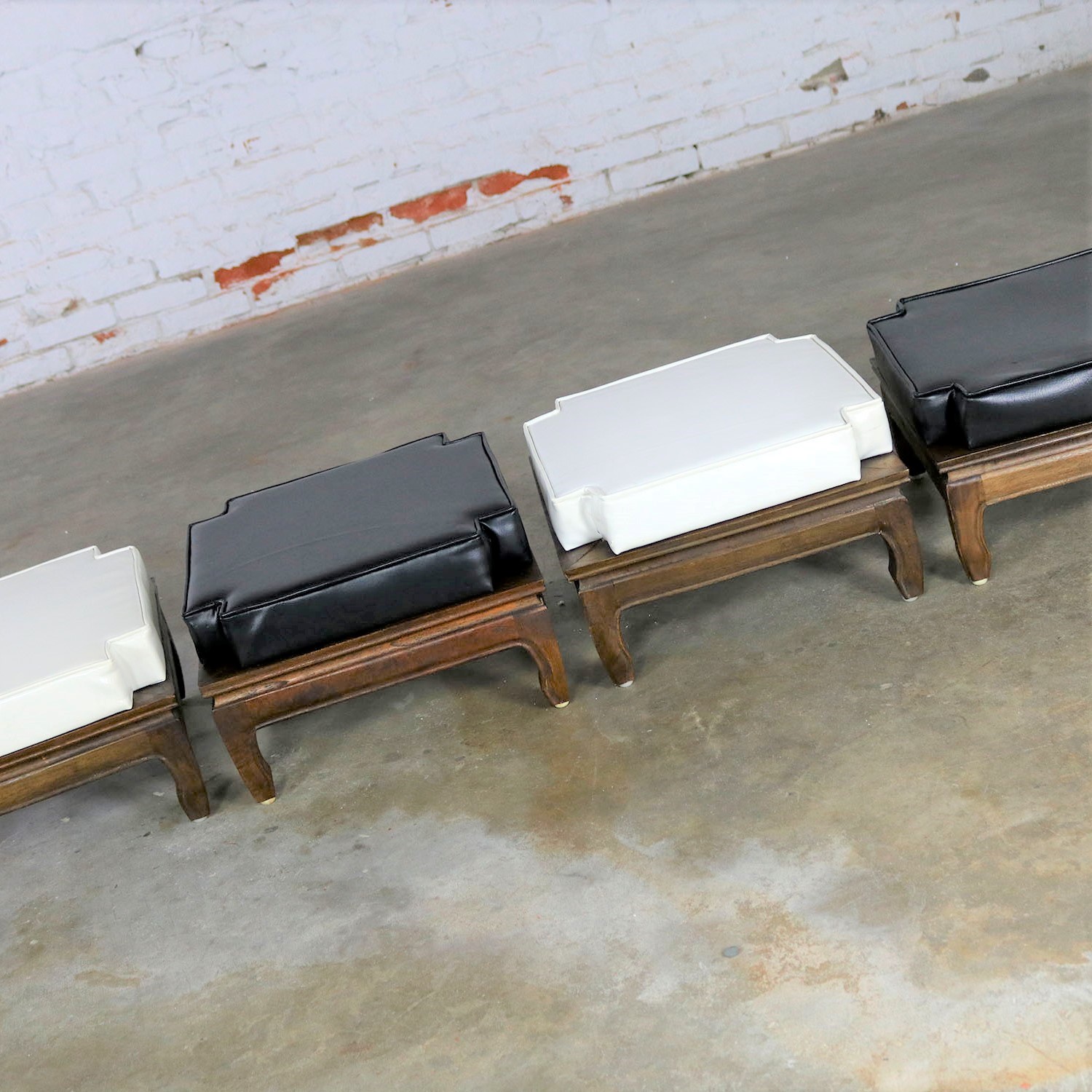 Black and White Upholstered Stacking Ottomans with Teak Ming Style Feet Mid Century