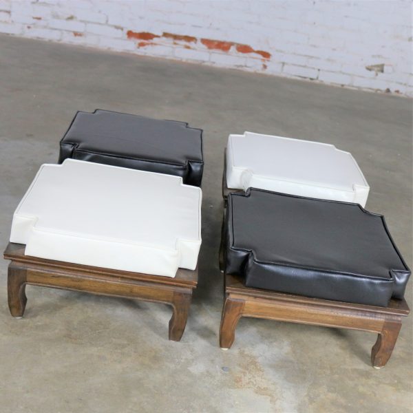Black and White Upholstered Stacking Ottomans with Teak Ming Style Feet Mid Century