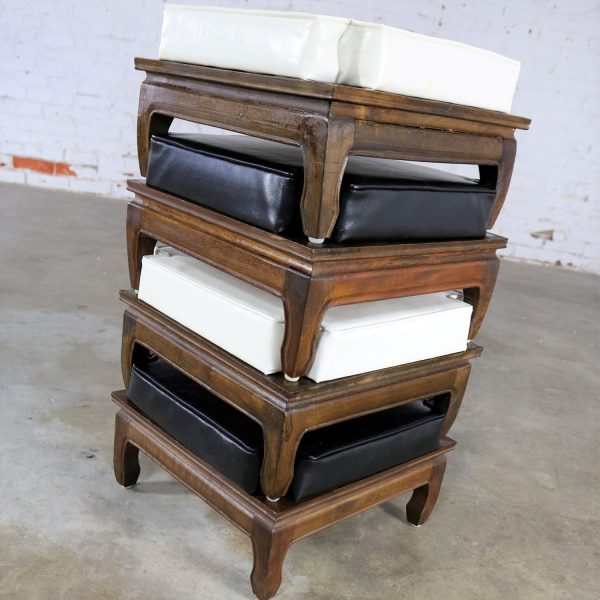 Black and White Upholstered Stacking Ottomans with Teak Ming Style Feet Mid Century