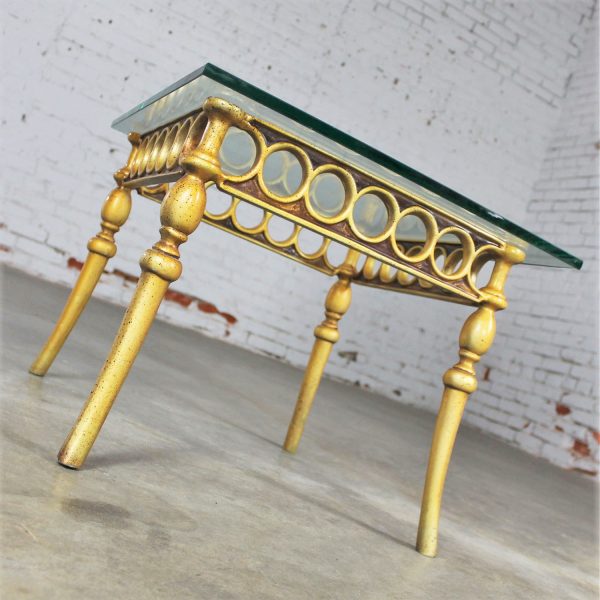 Hollywood Regency Art Deco Style Glass Topped Side Table of Gilded Cast Aluminum