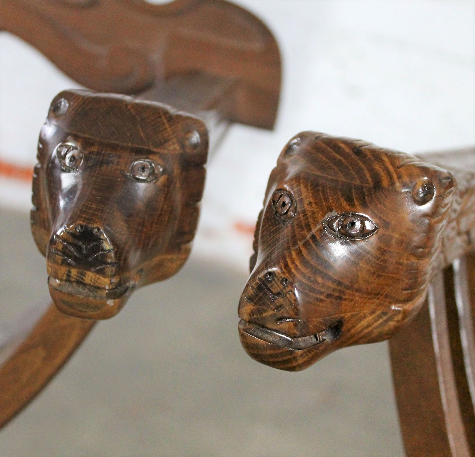 Walnut Savonarola Chairs with Carved Lion Head Arms Vintage Pair