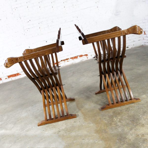 Walnut Savonarola Chairs with Carved Lion Head Arms Vintage Pair