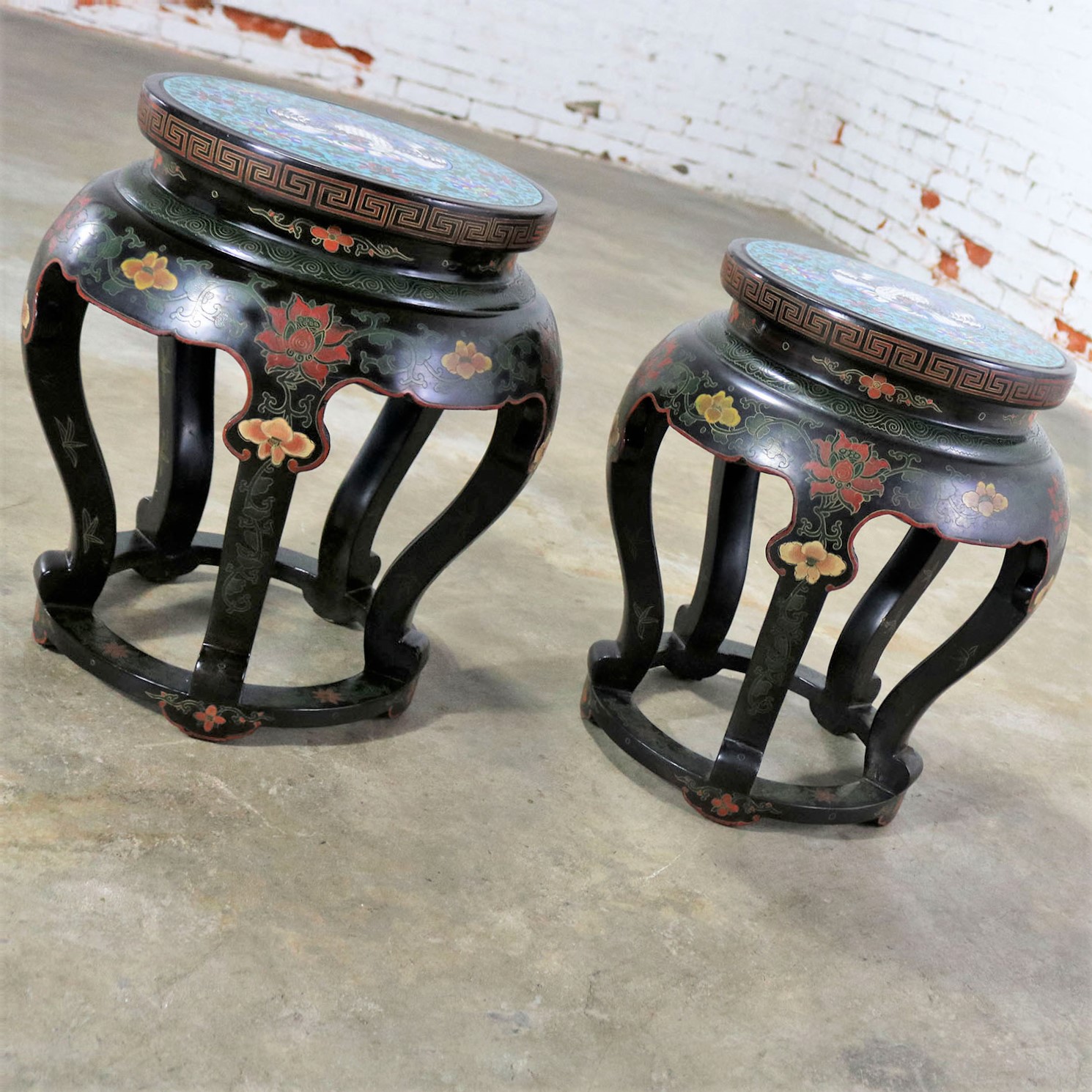 Chinese Cloisonné and Black Lacquered Round Stools or Side Tables