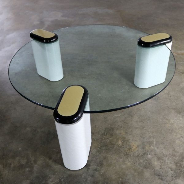 Karl Springer Style Minimalist Tri-Legged Coffee Table with Round Glass Top