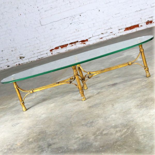 Mid Century Hollywood Regency Gilt Iron Base Coffee Table with Elliptical Glass Top