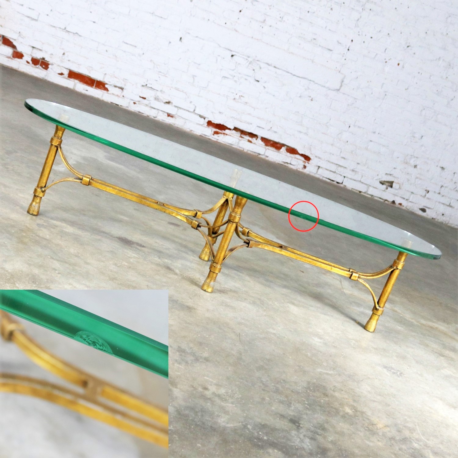 Mid Century Hollywood Regency Gilt Iron Base Coffee Table with Elliptical Glass Top