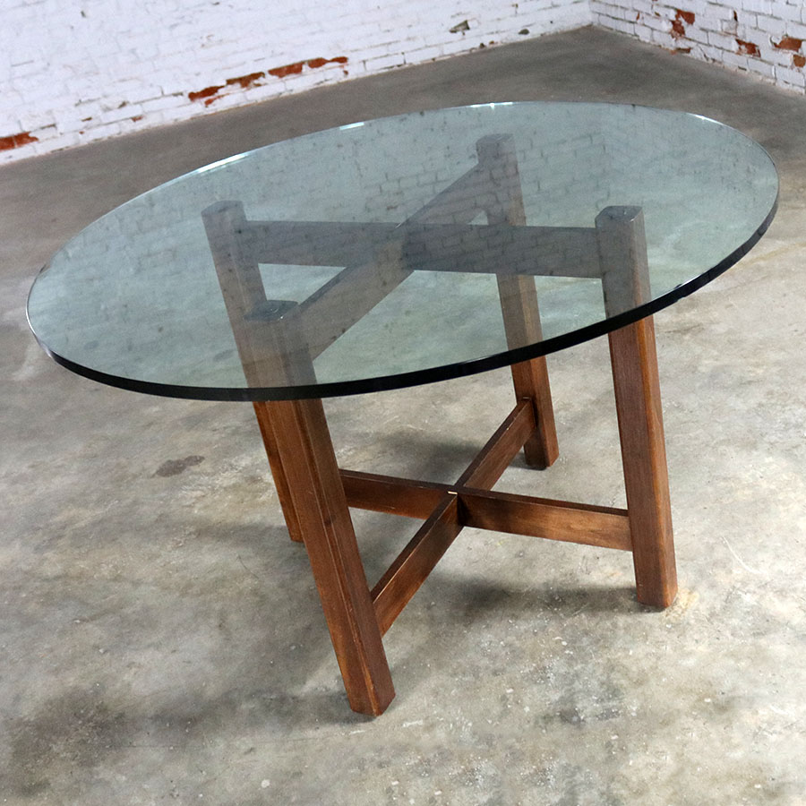 Modernist X-Base Dining Room Table with Round Glass Top