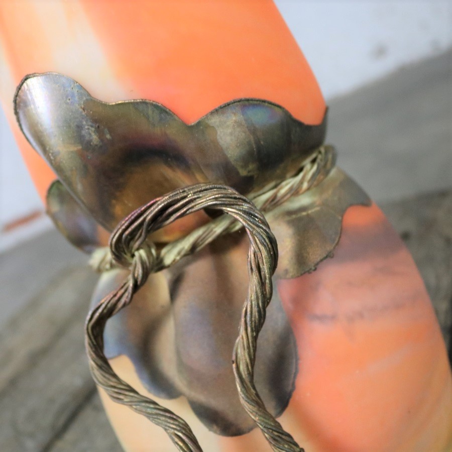 Monumental Filip Ravert Orange Blown Slag Glass Vase Cinched Waist Metal Wrap