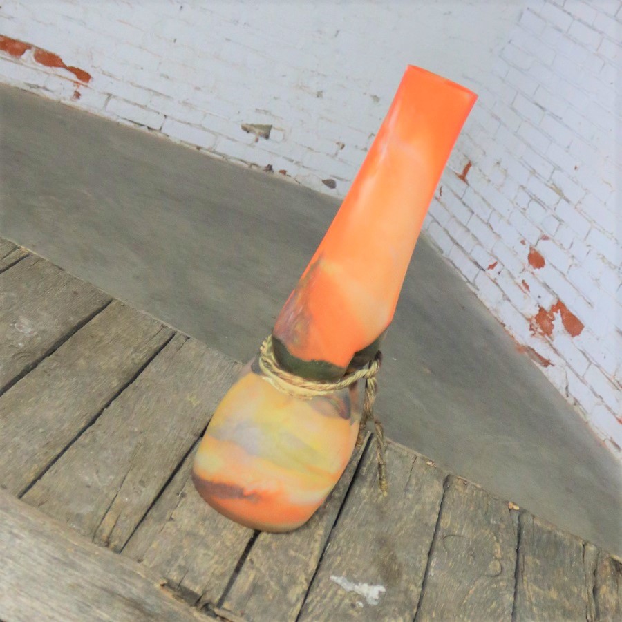 Monumental Filip Ravert Orange Blown Slag Glass Vase Cinched Waist Metal Wrap