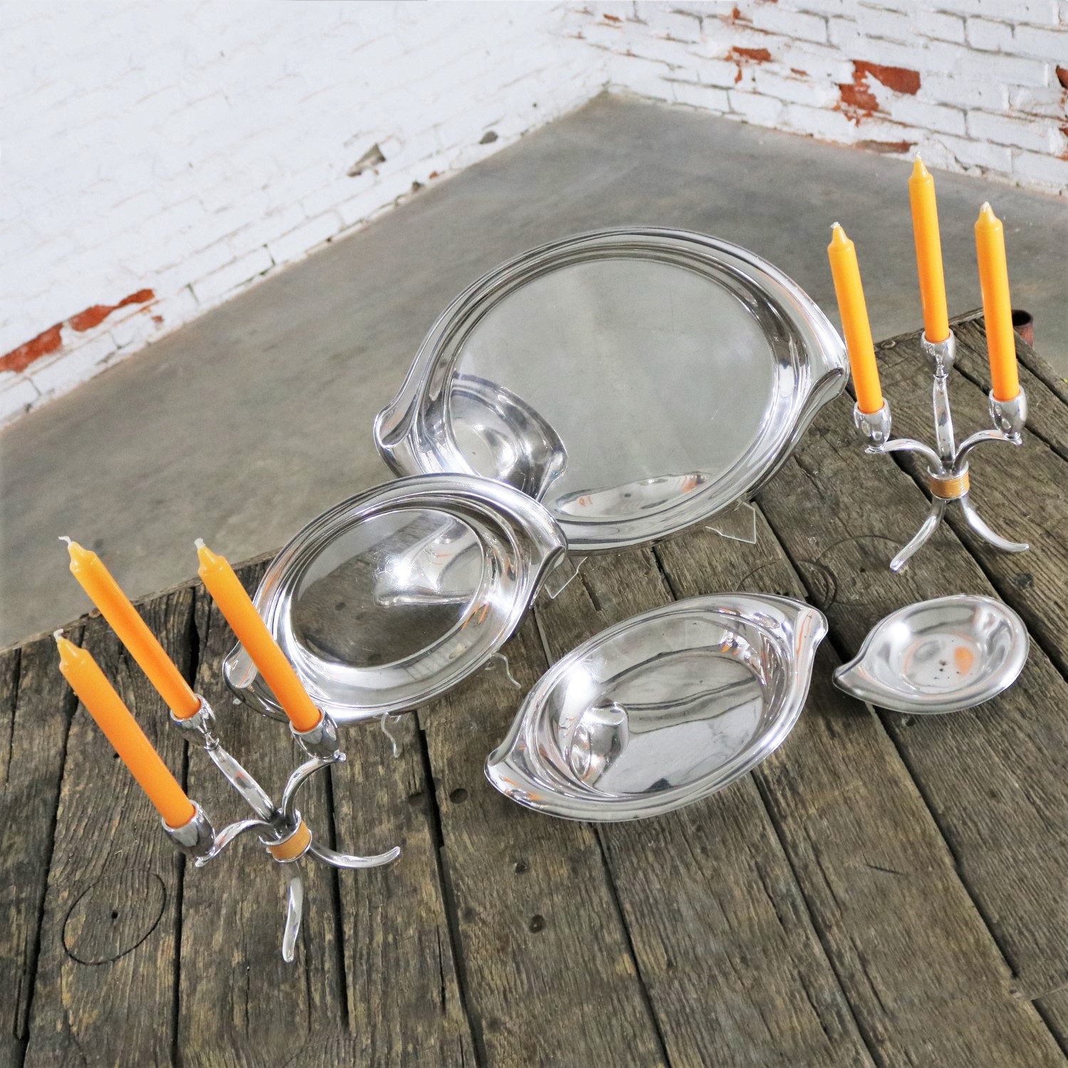 Flair Candelabra and Serving Trays Set of Six Mid Century Modern by 1847 Rogers Bros.