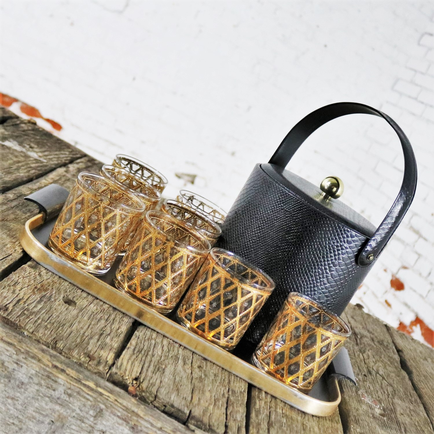 Black George Briard Ice Bucket with Eight Culver Cocktail Glass and MCM Tray