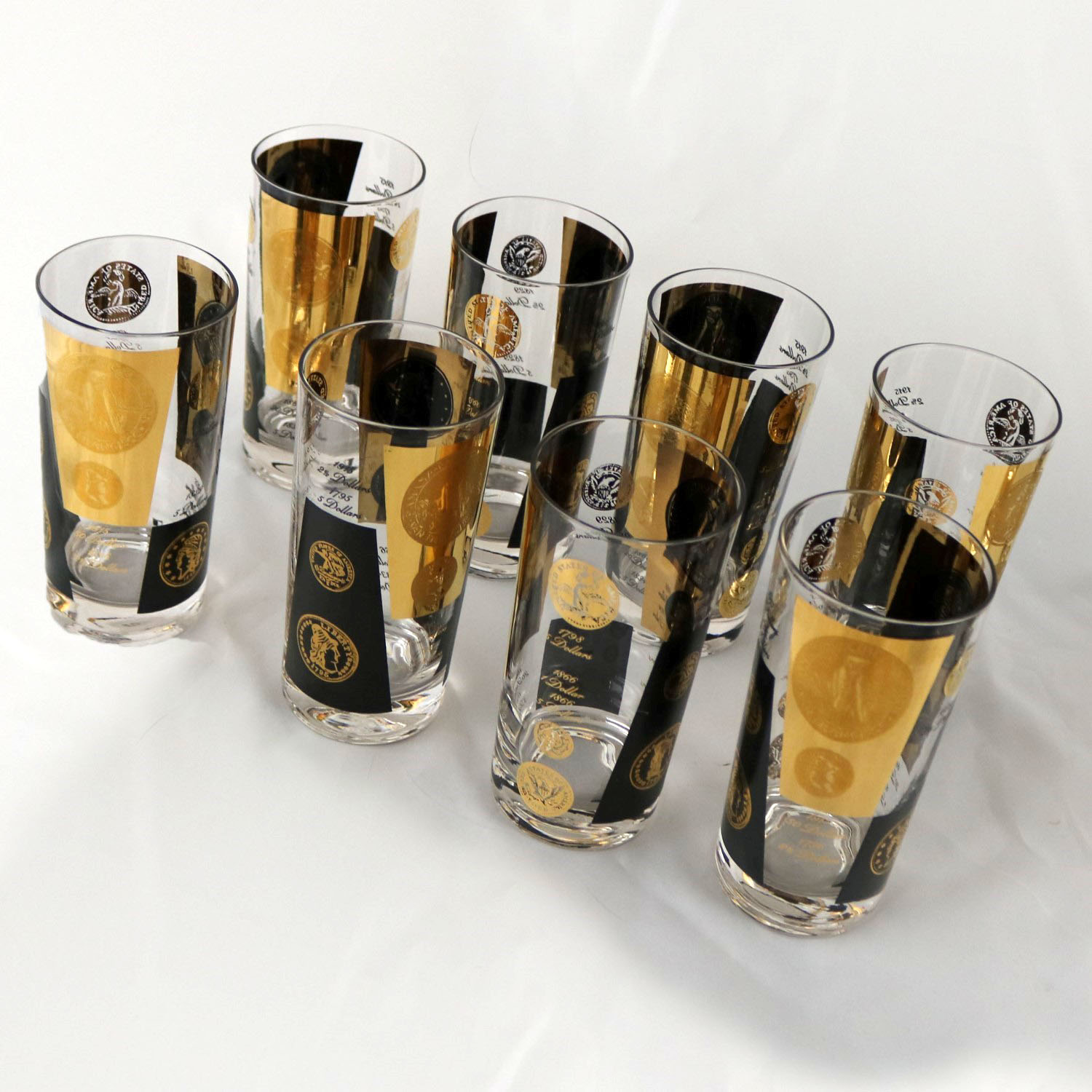 Extensive Set of 22-Karat Gold and Black Coin Barware and Glasses by Cera Mid Century Modern