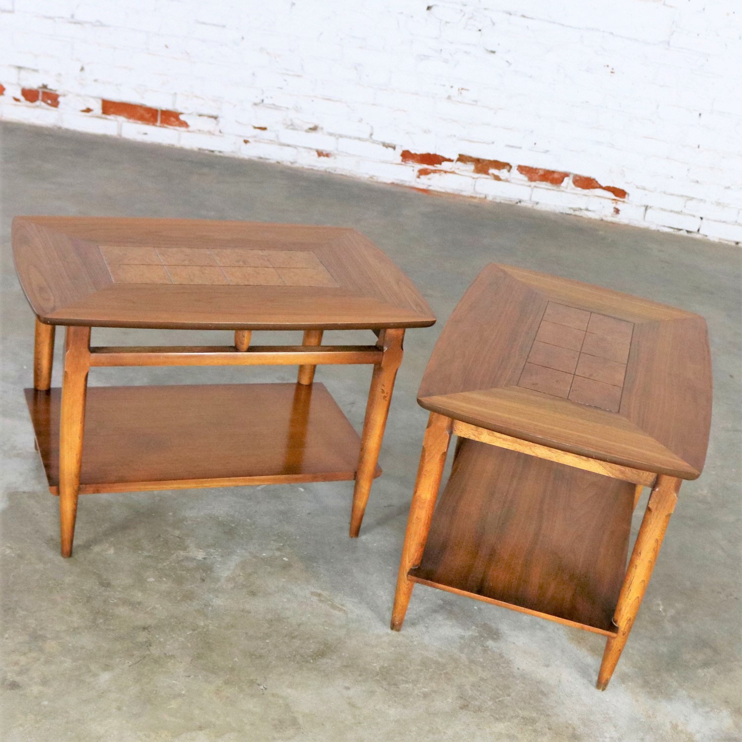 Lane Walnut End or Side Tables with Inlaid Tops Mid Century Modern Pair #1925