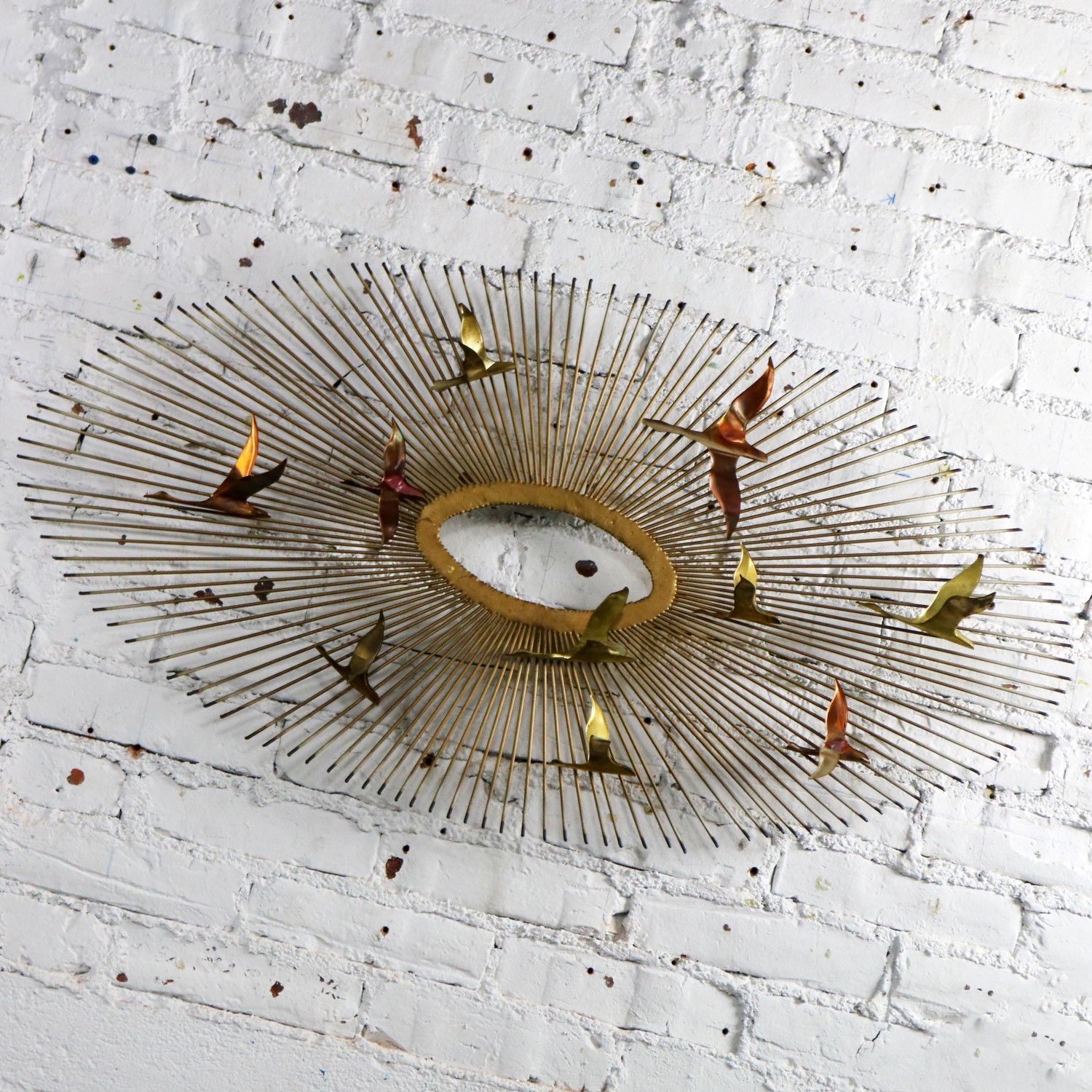 Mid Century Modern Oval Sunburst and Bird Wall Sculpture Attributed to C. Jere